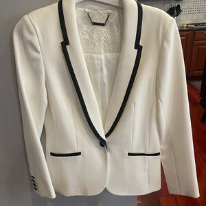 White Blazer with Black Trim - Elegant Tailored Women's Jacket